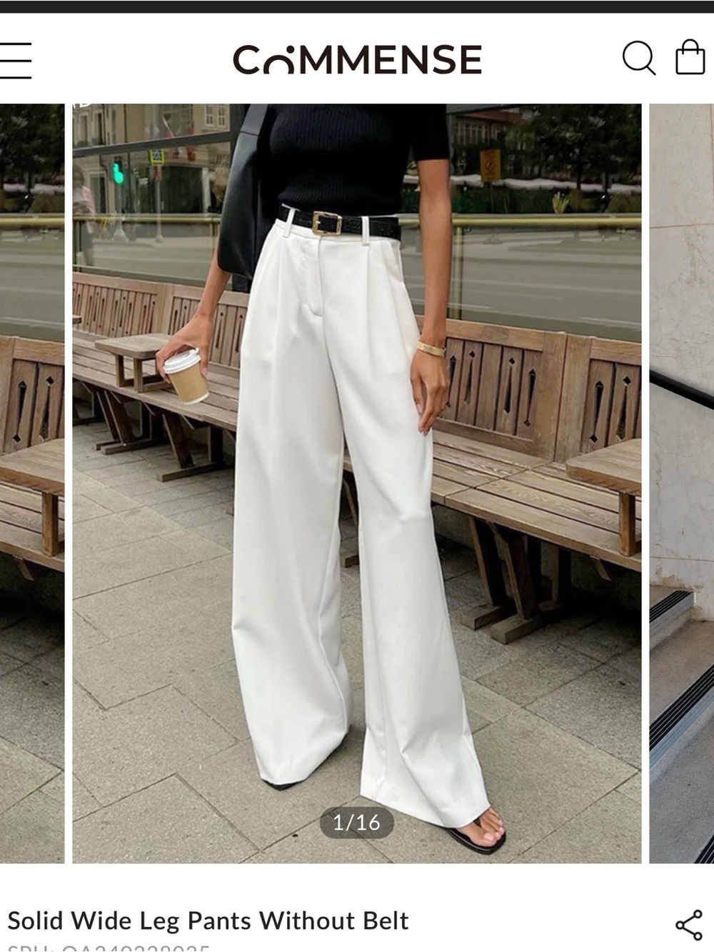 Commense White Wide-Leg Trousers with Black Belt Accent
